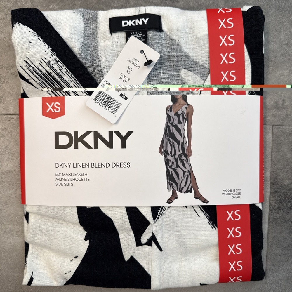 DKNY Women's Maxi Dress XS Multicolor Linen/Viscose V-Neck Side Slit NWT